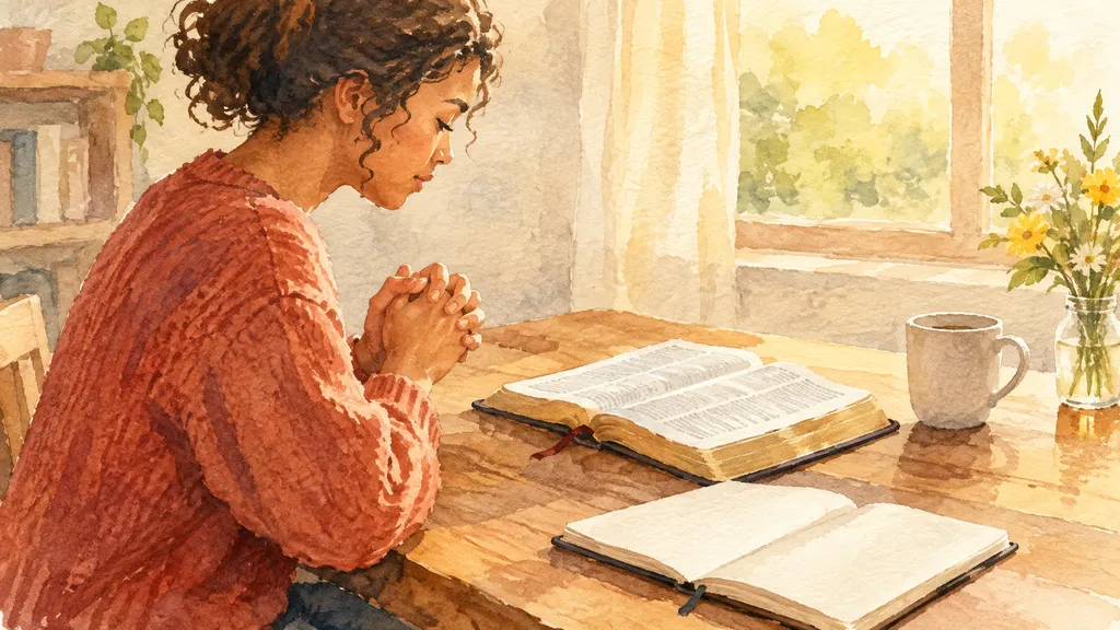 Reader pausing with books about prayer and a notebook on a table.