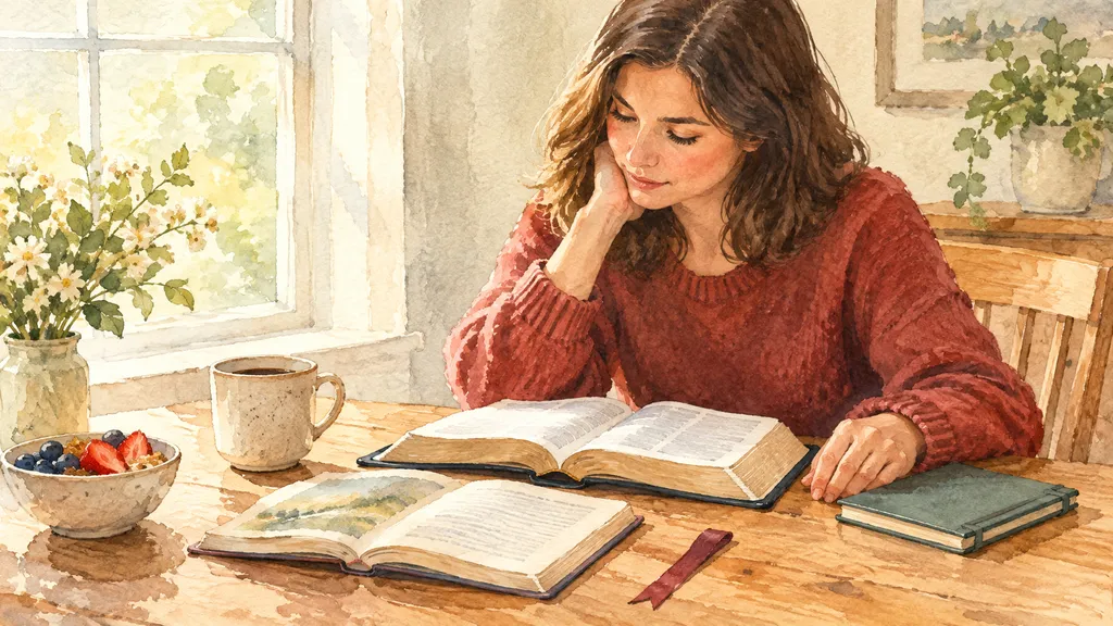 Reader pausing over daily devotionals and a Bible at a breakfast table.