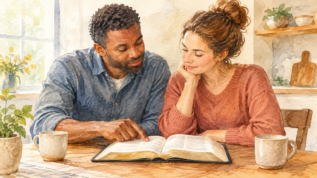 Two adults discussing a Bible passage while reflecting on hearing God's voice.