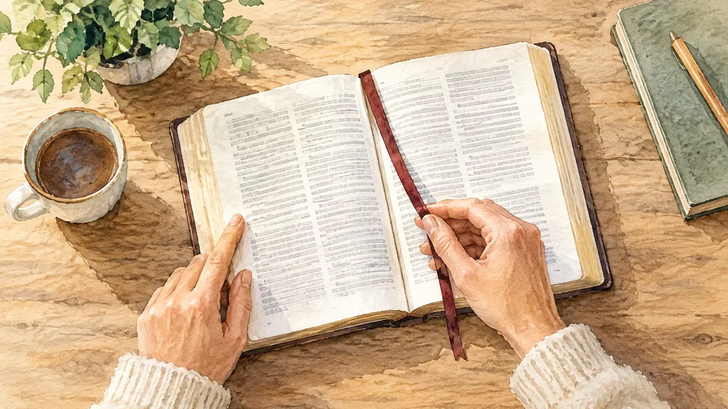 Hands finding a passage in an open Bible with a ribbon bookmark.