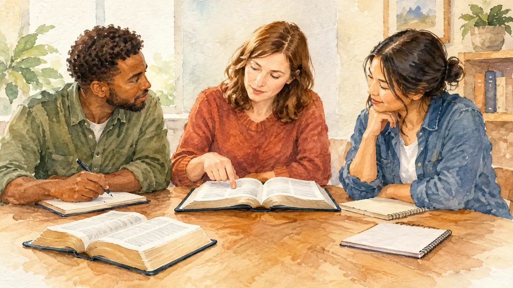 Small group reading Bible study books together at a table