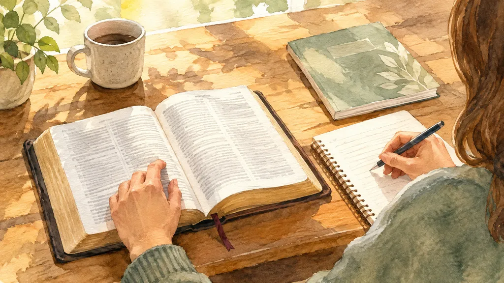 Reader comparing Bible study books with an open Bible and notebook