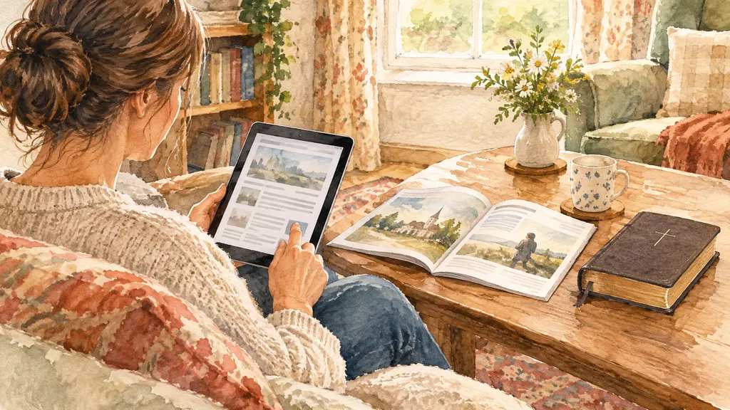 Reader choosing between a Christian magazine and a tablet beside a Bible.