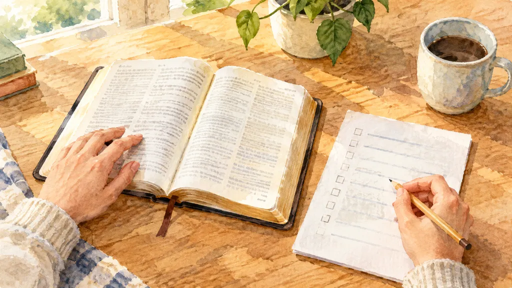 Open Bible beside a reading plan and pencil on a table